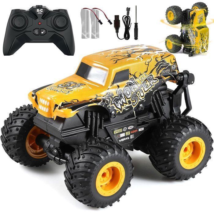 Coche teledirigido, Monster Truck, RC todoterreno a escala 1:20, con música LED y rotación de 360°, regalo para niños de 4 años en adelante, amarillo.