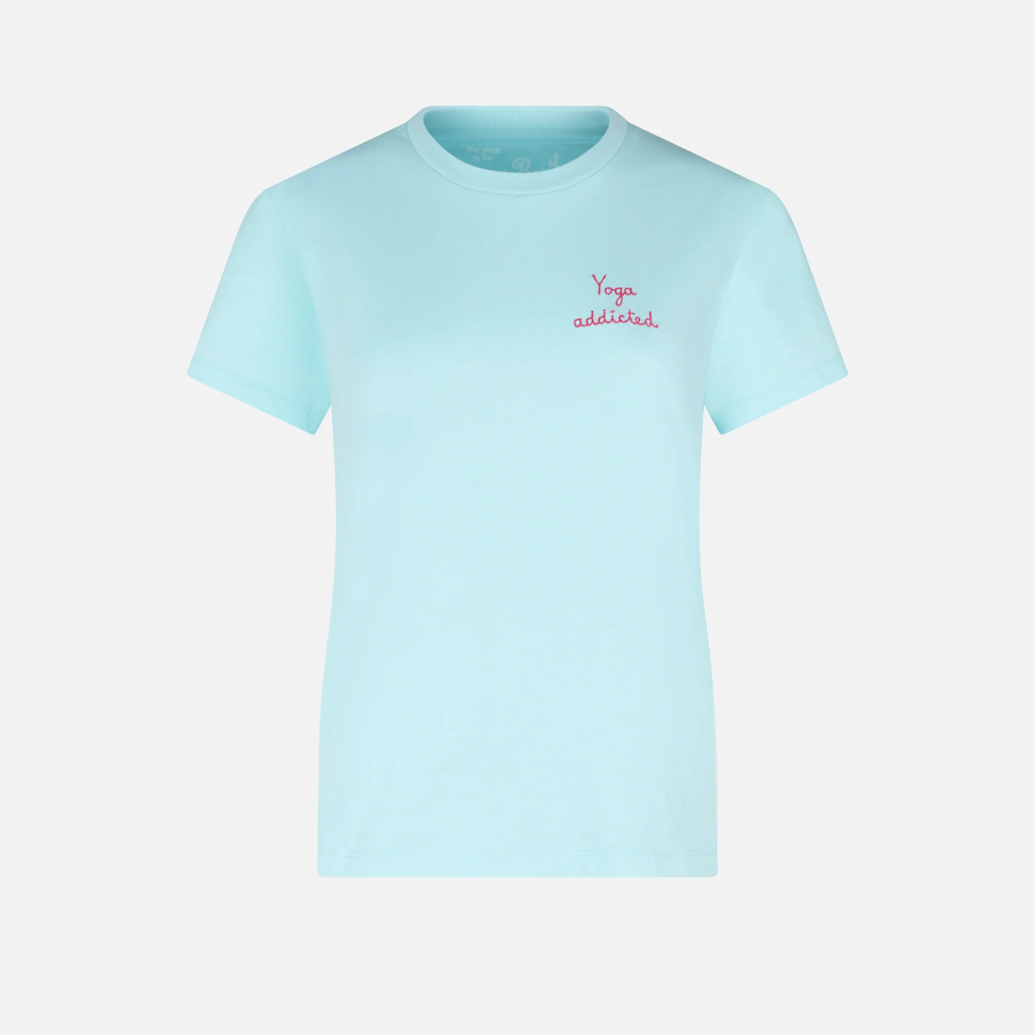 Dames katoenen T-shirt met geborduurde tekst 'yoga addict'.