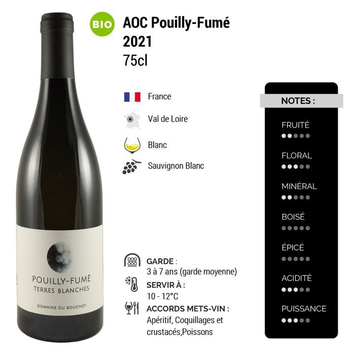 Domaine du Bouchot Pouilly-Fumé Terres Blanches 2021 - Vin Blanc du Val de Loire (3x75cl) BIO