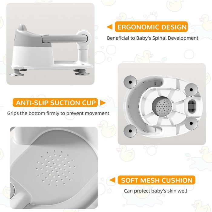 Babybadzitje (6 maanden+), 4 zuignappen + kussen, antislip, grijs, douche/bad. Label