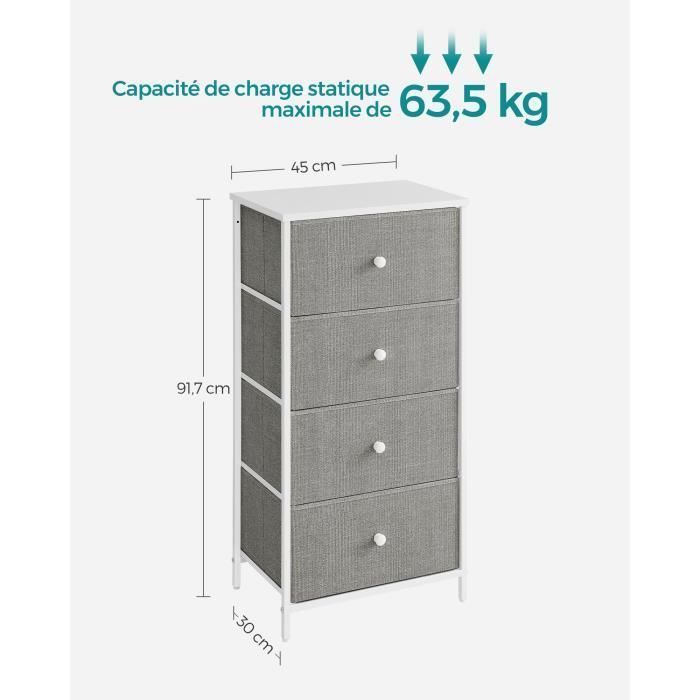 Cómoda de dormitorio de tela con 4 cajones, columna de almacenamiento, estructura metálica, gris claro y blanco.