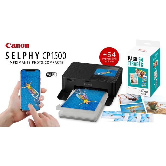 Imprimante photo portable couleur SELPHY CP1500 avec technologie d'impression thermique et connectivité Wi-Fi.