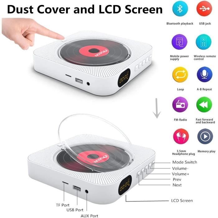 Tragbarer CD-Player, Bluetooth, Wandmontage möglich, integrierte HiFi-Lautsprecher, Heimkinoanlage mit Fernbedienung und UKW-Radio