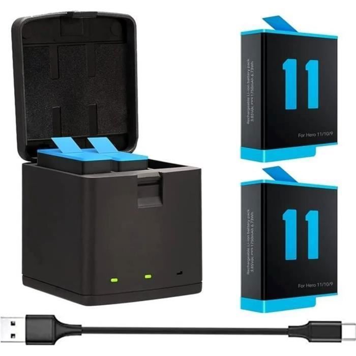 Lot de 2 Batteries et 3 canaux Chargeur Rapide pour GoPro Hero 12 Hero11/10/9 Entièrement Compatible avec Chargeur d'origine.