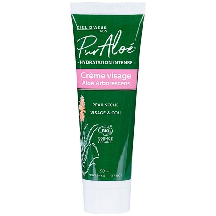 Crema facial y para el cuello de aloe vera puro de hidratación intensa para piel seca, 50 ml, orgánica.