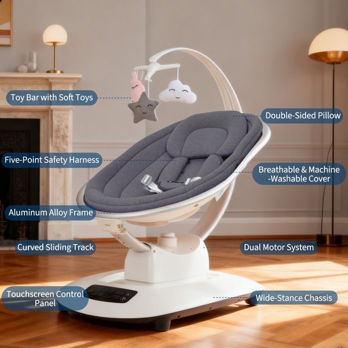 Mecedora eléctrica para bebé con 5 movimientos, velocidad regulable, mando a distancia, reclinable, arnés de 5 puntos y nanas - gris oscuro