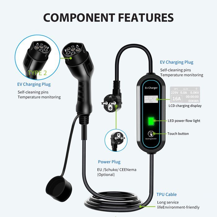 Caricabatterie per auto elettriche da 3,5 kW 16 A Tipo 2, caricabatterie portatile per veicoli, spina UE 220 V-240 V, cavo di ricarica per veicoli