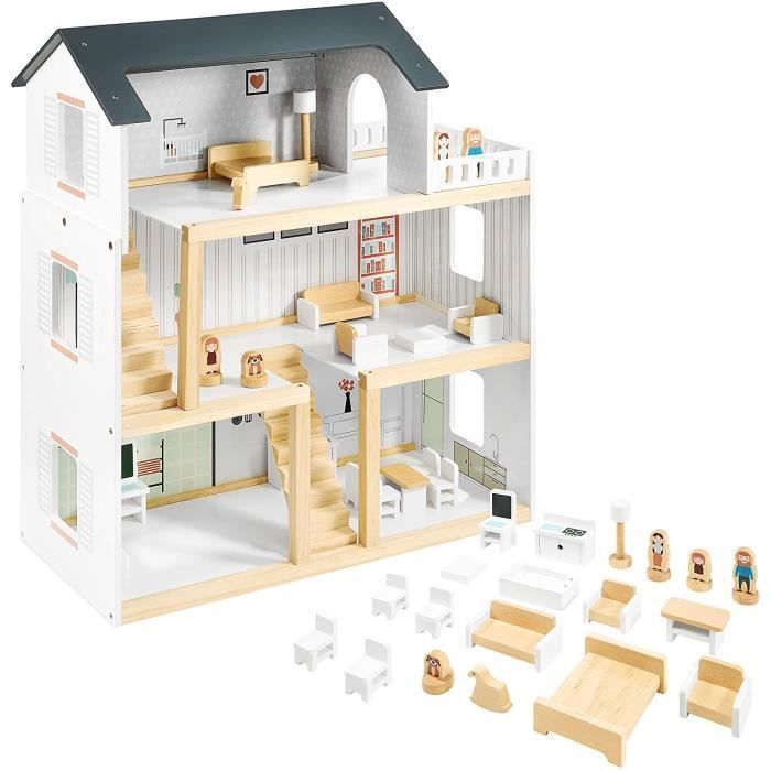 Maison de poupées MAMABRUM 70x30x60 cm 3 niveaux Terrasse- 19 pièces mobiles et 4 figurines- Jouet d'imitation- Norme CE