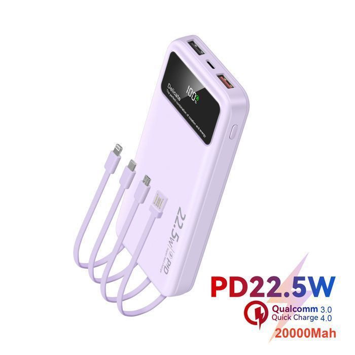 Batterie Externe Violette 20000mAh avec Écran LED, 4 Câbles Intégrés, 6 Sorties et 3 Entrées, Power Bank Compact