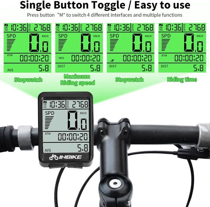 Compteur Vélo sans Fil,IP54 Compteur Kilométrique Vélo,Démarrage/Arrêt Automatique,Kilométrique de Vitesse et Odomètre de Route