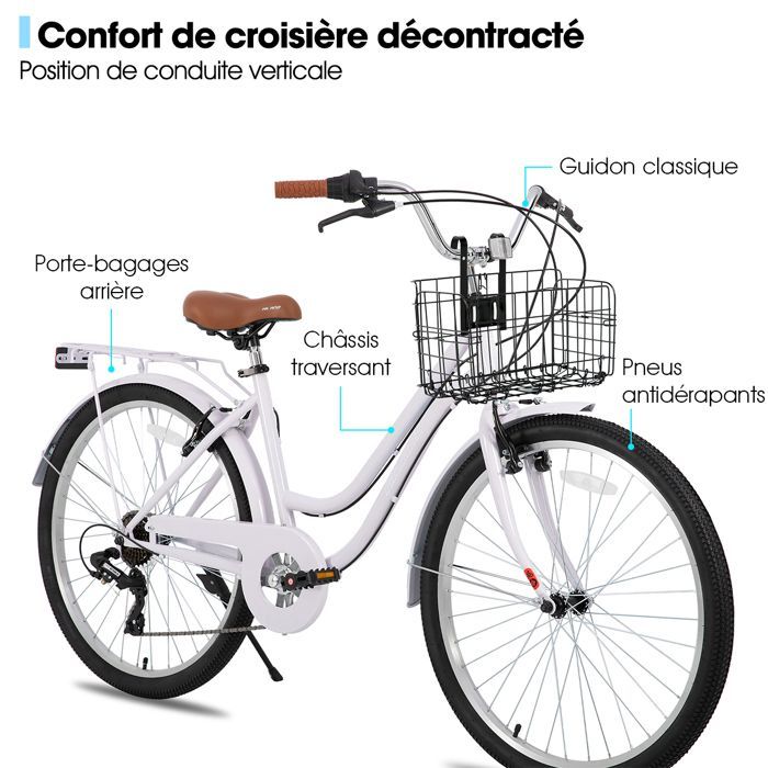 HILAND 26 pouces Vélo de Ville  - 7 Vitesses, Freins Double Sécurité, Cadre Bas, Garde-Boue et Porte-Bagages, Violet