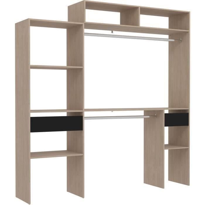ARTIC EKIPA Ausziehbarer Kleiderschrank – Eiche und Schwarz – 2 Kleiderstangen + 2 Schubladen + Aufsatz – B 198 x T 40 x H 202 cm