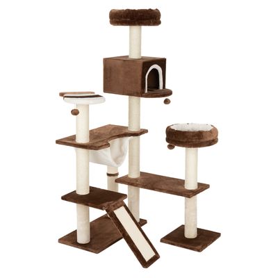 Árbol rascador para gatos con forma de casa de jengibre y escalera.