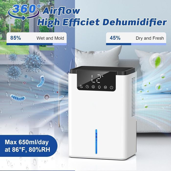 2000ml Portable Anti-Mold Air Dehumidifier with Automatic Defrost and Timer for Home, Bathroom, Bedroom, and Wardrobe