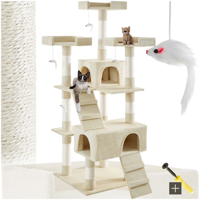 Árbol rascador para gatos - TECTAKE - BARNEY, mueble para gatos de 170 cm de altura con poste rascador, escondites y juguetes - Beige