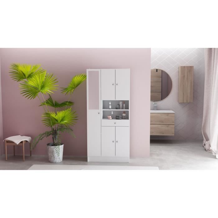 Colonne de salle de bain - 5 Portes - 1 tiroir - 2 niches - miroir - Blanc mat - L82 x P32 x H180 cm - Made in France