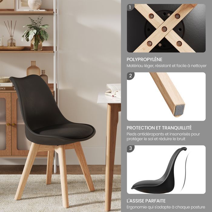 Juego de 2 sillas de comedor escandinavas HavenlyHome, ergonómicas, con patas de madera maciza y cojín impermeable, para cocina, color negro.
