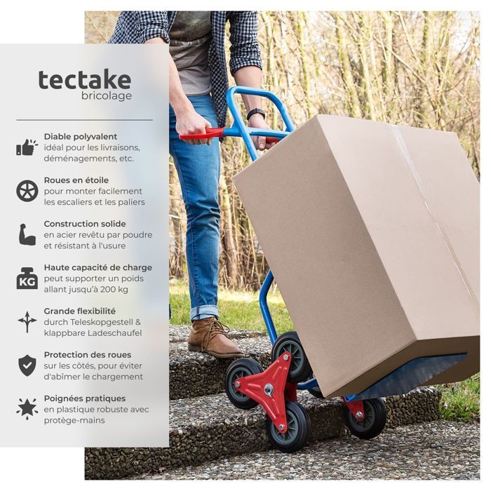 TECTAKE - Carrinho de mão para subir escadas - Plataforma dobrável, rodas de 6 pontas, capacidade de 200 kg, aço - azul