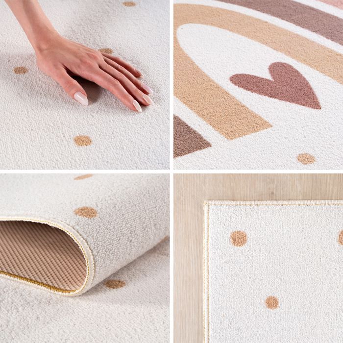 Tappeto per bambini Carpetsale24 120x170 cm con motivo a cuori color crema e arcobaleno, ideale come morbido tappeto decorativo per la cameretta dei bambini.