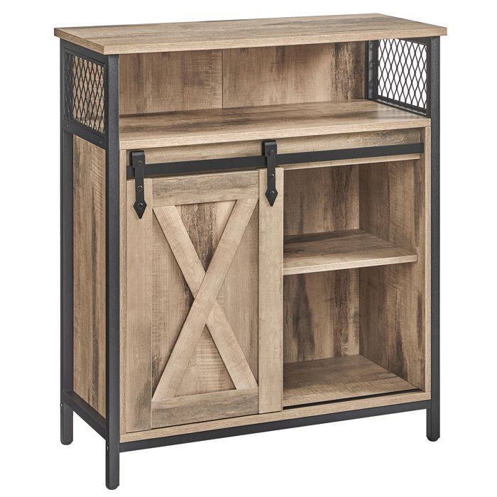 VASAGLE Credenza da cucina, cassettiera con anta scorrevole, 30 x 70 x 80 cm, ripiani regolabili, marrone cammello e nero inchiostro