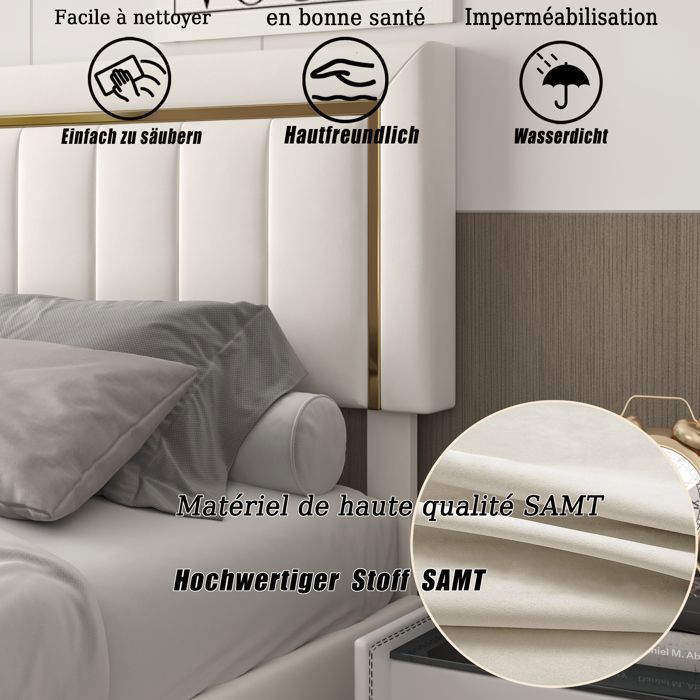Cama de 140x200 cm con somier de láminas y espacio de almacenamiento. Estructura de cama para 2 personas, tapizada, con palanca hidráulica, terciopelo, color beige.