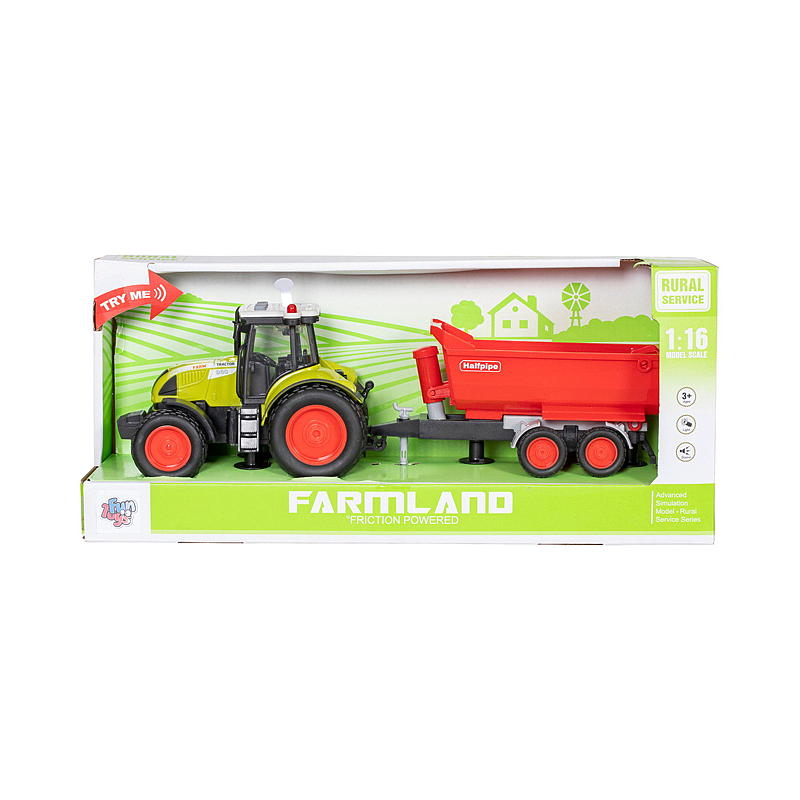 Trattore FunToys in scala 1:16 con rimorchio, luci e suoni.