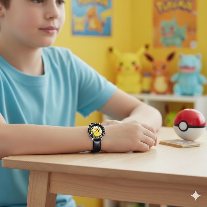Reloj infantil de Pikachu | Correa de cuero vegano negro | Correa ajustable | Movimiento de cuarzo | Diseño de Pokémon