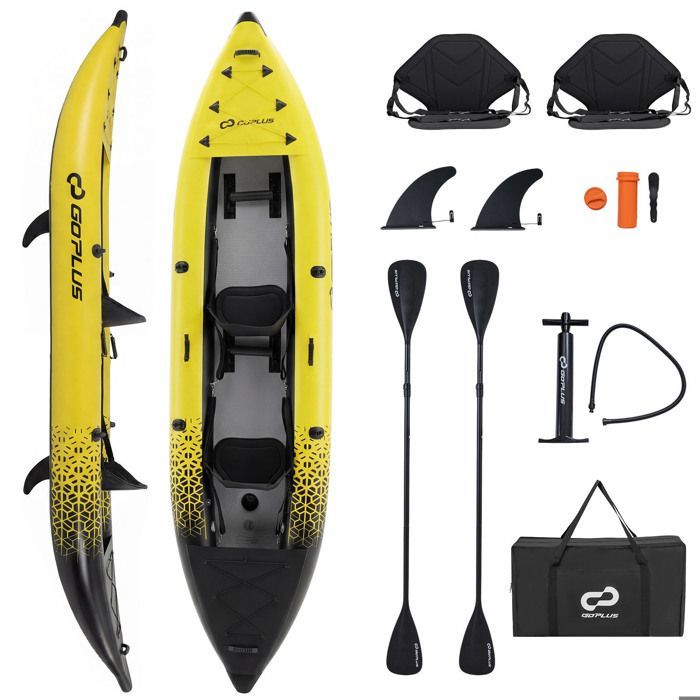Kayak hinchable COSTWAY para 2 personas, 381x94x40cm - 2 remos de aluminio, 2 aletas desmontables, kit de reparación - Bomba manual - 230kg - Amarillo
