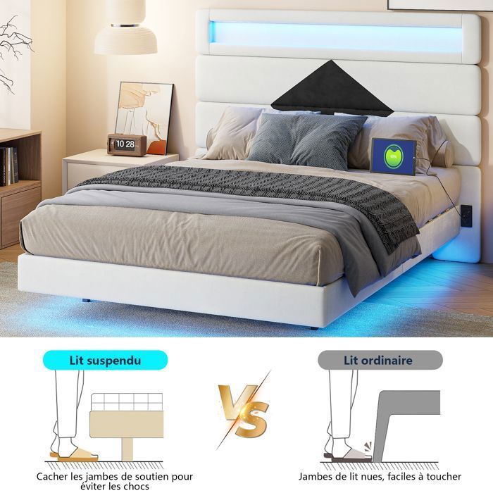 Lit Double 140x190 - Flottant Intelligent - LED RGB - Prise USB - Tête de lit Velours
