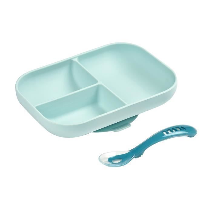 BEABA Baby Meal Set, with Suction Cup, Non-Slip, Divided Silicone Plate + Spoon, Healthy and Durable, Blue