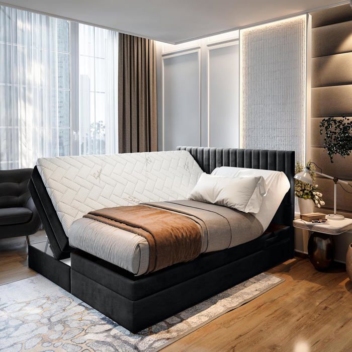 Letto matrimoniale ADÈLE - materasso e base elettrica regolabile - 180x200 cm - velluto nero