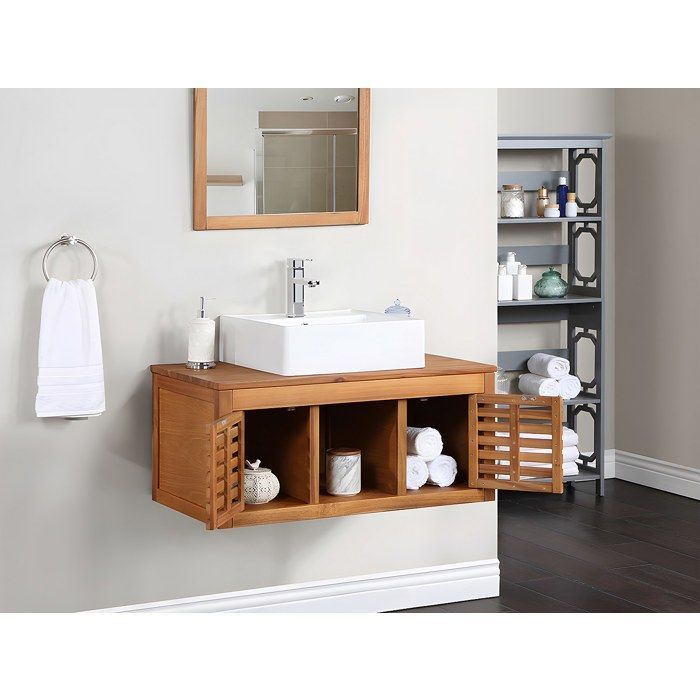 Wall-hung bathroom vanity unit in acacia wood with single basin and mirror - 90 cm - PENEBEL