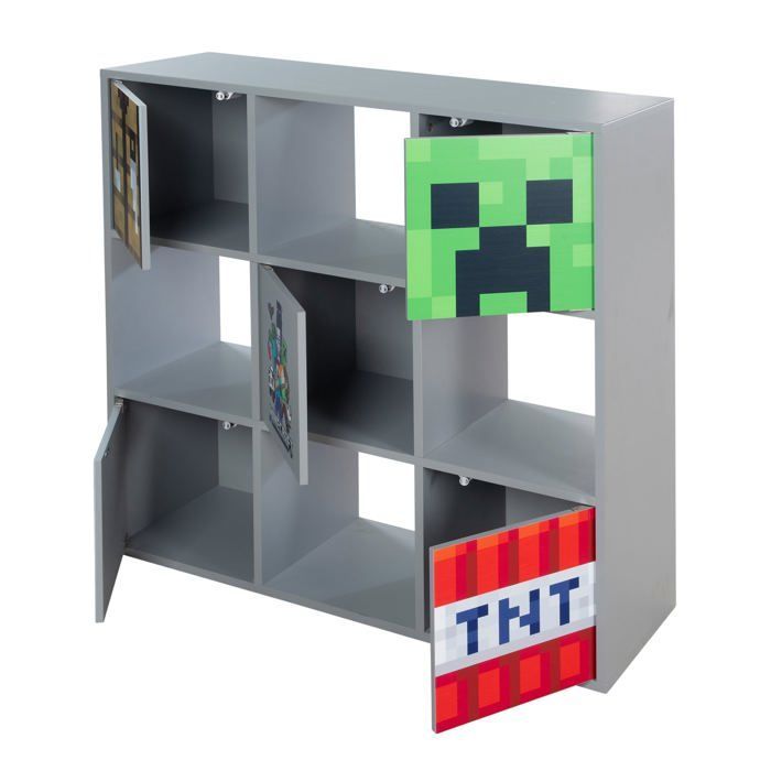 Étagère 3x3 avec Portes Push-Open - ROBA - Minecraft – 90x30x90 cm - Gris