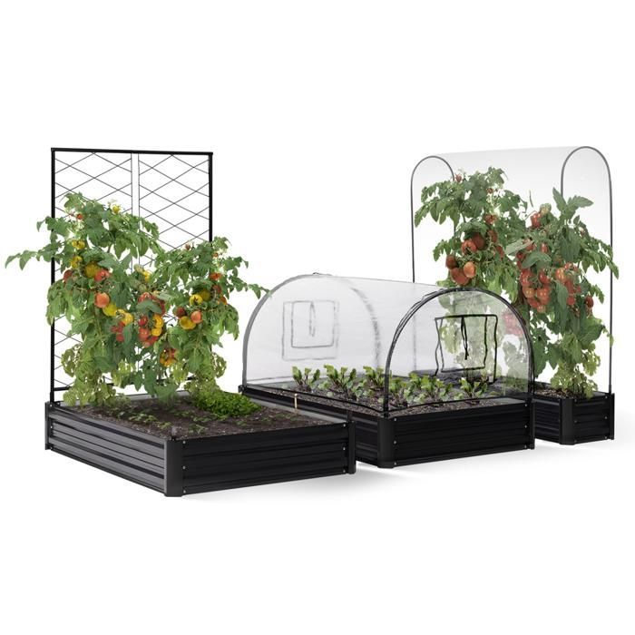 IDMARKET Kit completo de 3 jardineras modulares cuadradas de metal para huerto y invernadero de tomates + enrejado + cubierta