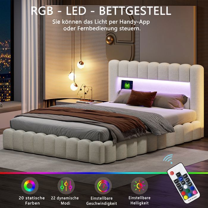 Cama con almacenamiento - PERGAR - 180 x 200 cm - Lino beige - Base de láminas incluida - Almacenamiento USB y LED