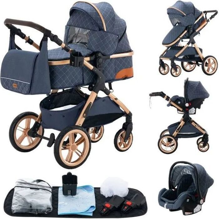 Poussette 3 en 1 Bébé Combinée Siège-Auto Nacelle Trio Réversible Réglable Haute Qualité Roues increvables Canne.bleu.bazarland30