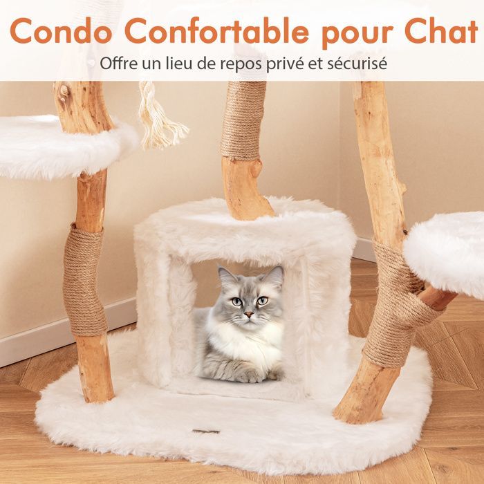 COSTWAY Arbre à Chat Multi-niveaux en Bois 168 CM, Perchoirs, Condo, Griffoirs en Jute, Corde en Sisal, Peluche, Balle Suspendue