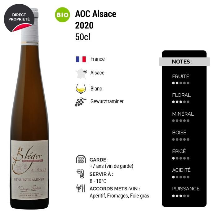 Domaine Claude et Christophe Bléger Alsace Gewurztraminer Vendanges Tardives Moelleux 2020 - Vino bianco d'Alsazia (3x50cl) biologico