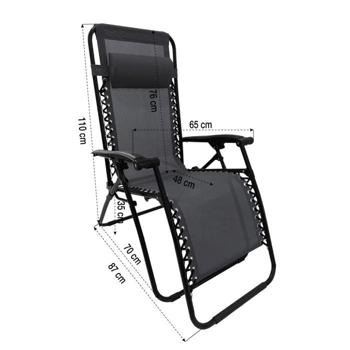 Fauteuil de jardin Transat Bain de soleil Pliable Inclinable avec accoudoirs et appui-tête  90 x 110 x 65,5 cm - Gris - Textilène