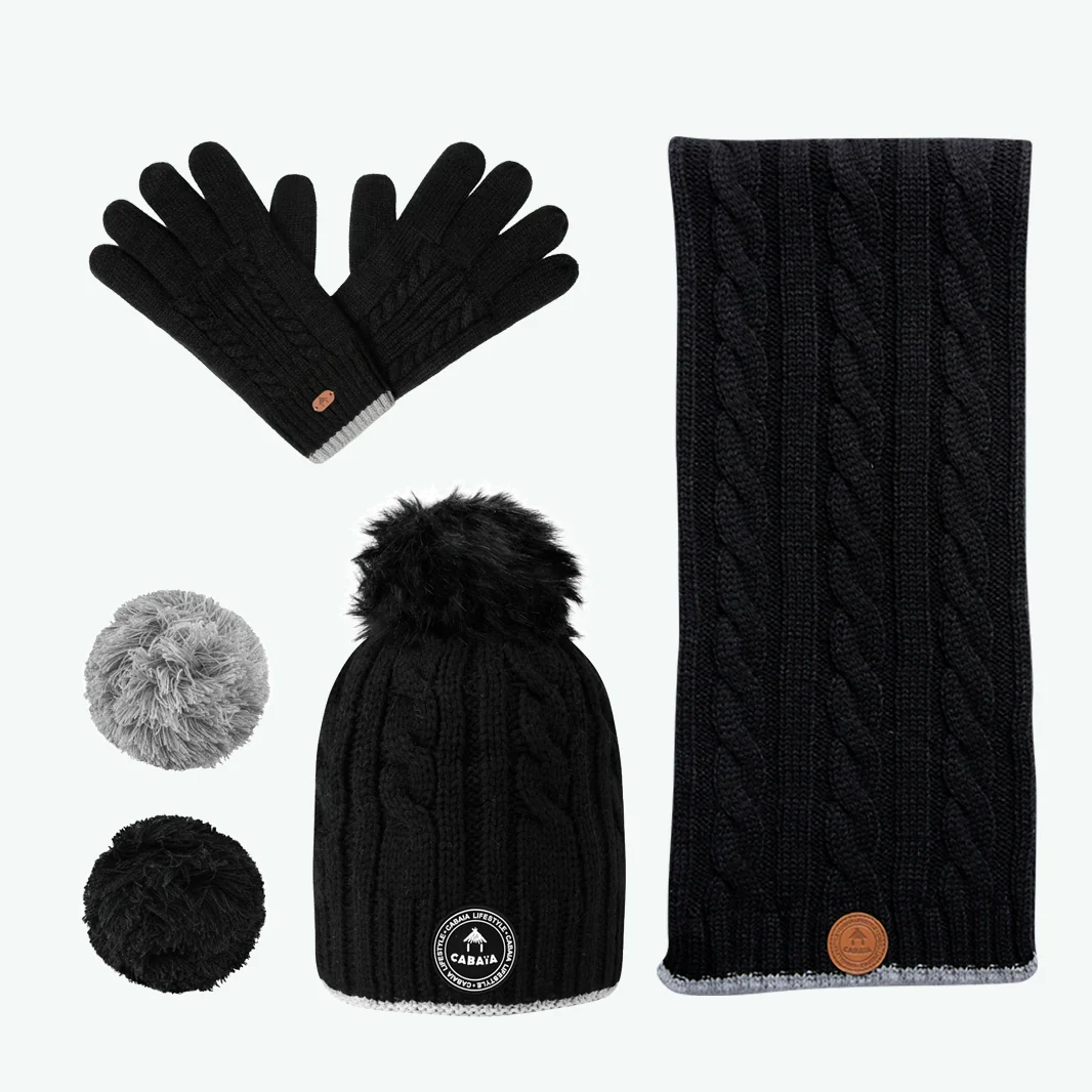 Trio Bonnet, Écharpe et Gant Noir
