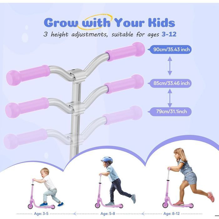 Trottinette pour Enfants - TONBUX - Rose Violet - Hauteur Réglable - Roues en Polyuréthane - Éclairage LED