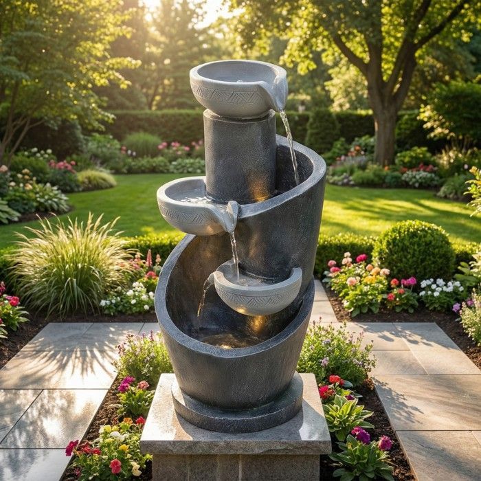 Fontaine de jardin gris avec éclairage LED, pompe à eau, pierre artificielle, bassin décoratif pour terrasse et intérieur 25x24x50cm