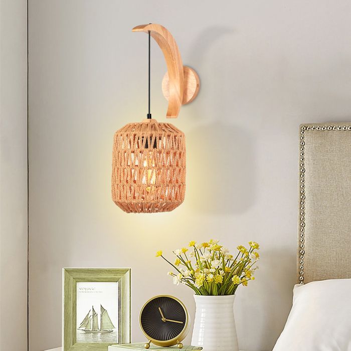 SNOGOLD Applique Murale Intérieure Rétro Lanterne, Lampe Murale Rotin Bois et Métal E27 Luminaire pour Chambre de Chevet Salon