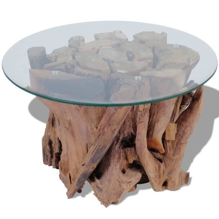 Mesa de centro - VINGVO - Madera de teca maciza a la deriva - Cristal templado - Estilo vintage