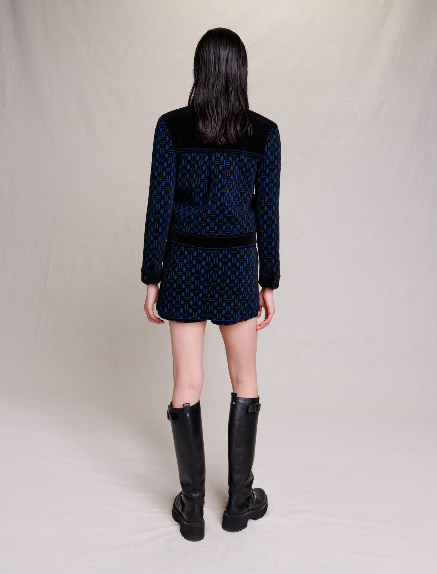 Korte jas van twee materialen - Blauw/zwart