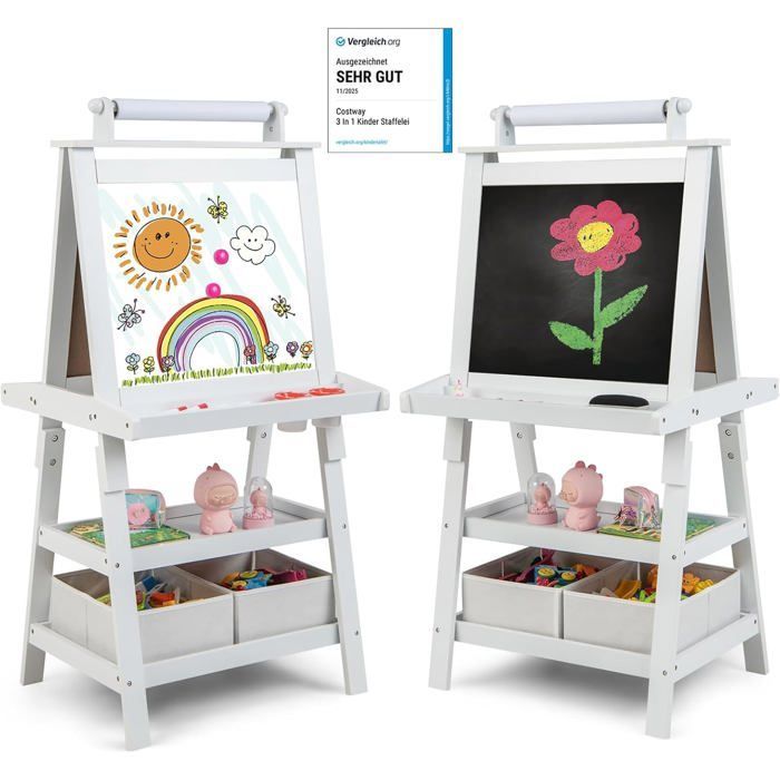 COSTWAY Tableau Enfant - Blanc Magnétique et Noir, Rouleau de Papier (Papier inclus), 3 Etagères et 2 Bac de Rangement Blanc