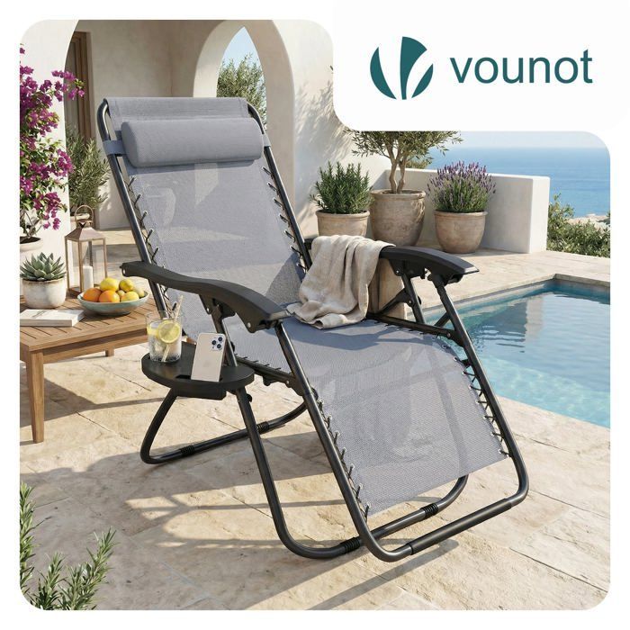 Tumbona reclinable plegable VOUNOT® de Textilene con portavasos - Carga máxima 120 kg - Gris