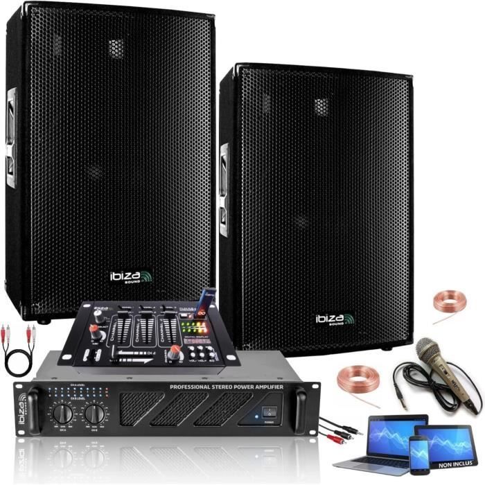 Total Ibiza Sound 2160W PA System Package: 2 x 600W Speakers - 2 x 480W Fan-Assisted Amplifier - Mixer - Cabling - Ideal for Bars and Party Venues