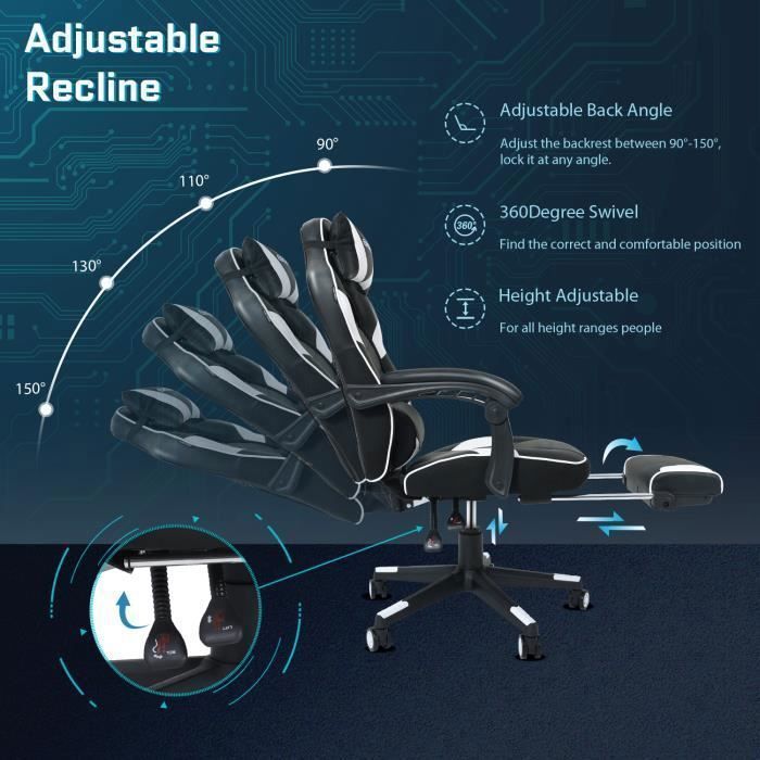 Silla ergonómica para juegos, silla de oficina, silla gaming, soporte lumbar con función de masaje, reposapiés, reposacabezas, blanca