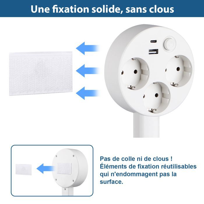 Multiprise avec 3 Prises, USB-C et USB-A, 47-67 cm Câble Extensible, Multiprises avec Interrupteur, Murale, pour Bureau, Bureau